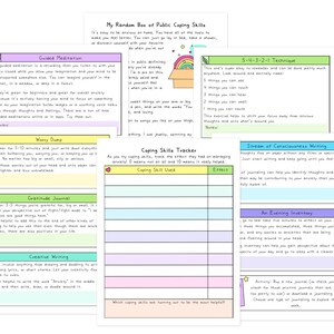 May include: A collection of printable worksheets for mental health and coping skills. The pages include prompts for guided meditation, worry dumps, gratitude journals, and creative writing. The worksheets are designed to help manage anxiety and promote well-being.