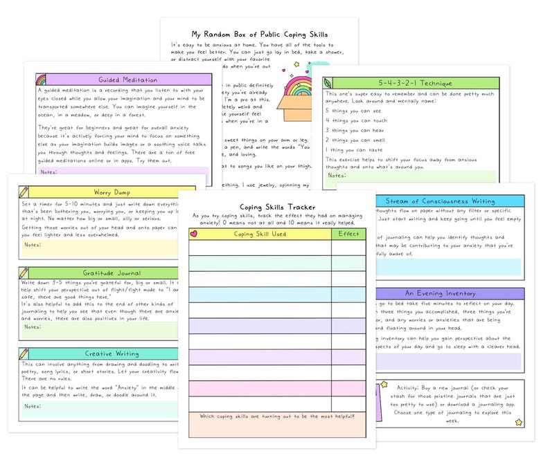 May include: A collection of printable worksheets for mental health and coping skills. The pages include prompts for guided meditation, worry dumps, gratitude journals, and creative writing. The worksheets are designed to help manage anxiety and promote well-being.