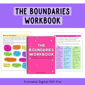 Puede incluir: Un libro de trabajo rosa y blanco titulado "The Boundaries Workbook: A workbook on creating, enforcing, and respecting your boundaries." La portada presenta una estrella rosa y el texto "SelfLoveRainbow".