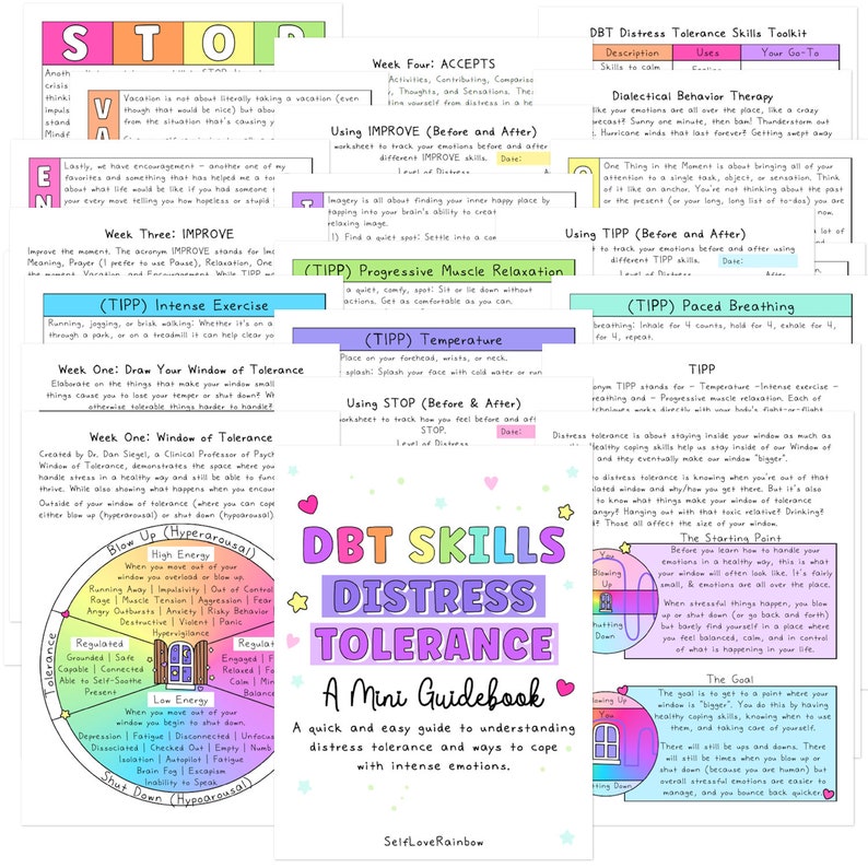 May include: A colorful guidebook with the title "DBT Skills Distress Tolerance: A Mini Guidebook" and a subtitle "A quick and easy guide to understanding distress tolerance and ways to cope with intense emotions." The guidebook features a variety of tips and techniques for managing difficult emotions.