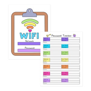 May include: A white paper with a clipboard design featuring the word "WIFI" in blue, and a rainbow-colored wifi symbol. Below is the word "Network" and a space for "Password". A smaller paper shows a "Password Tracker" with fields for website, email, and password.