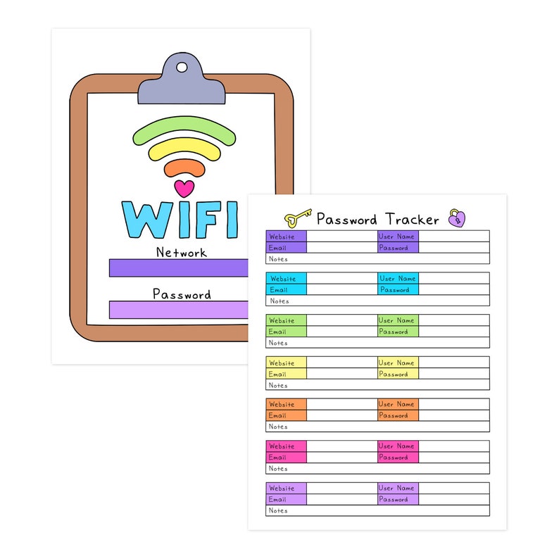 May include: A white paper with a clipboard design featuring the word "WIFI" in blue, and a rainbow-colored wifi symbol. Below is the word "Network" and a space for "Password". A smaller paper shows a "Password Tracker" with fields for website, email, and password.