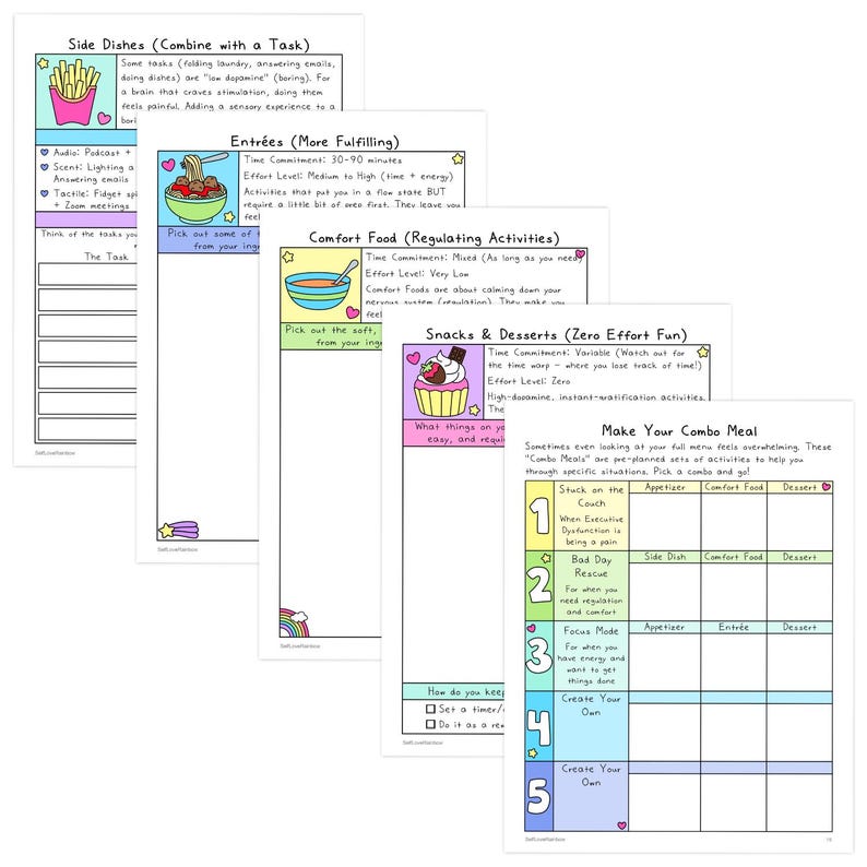 May include: A set of colorful, illustrated worksheets with text. The worksheets are titled "Side Dishes," "Entrees," "Comfort Food," "Snacks & Desserts," and "Make Your Combo Meal." Each page has a different theme and design.