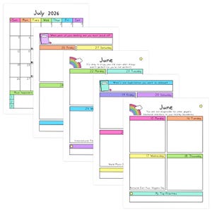 May include: A stack of undated, colorful planner pages with handwritten text and illustrations. The pages include calendar grids for July 2026 and June, with prompts and inspirational quotes. Rainbow and star doodles decorate the pages.