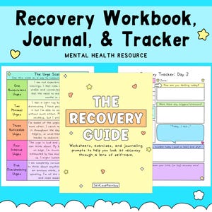Peut inclure: Ressource de santé mentale intitulée "Recovery Workbook, Journal, & Tracker". L'image présente un cahier jaune avec "The Recovery Guide" sur la couverture, ainsi que des feuilles de travail et un suivi. Le fond est bleu clair.
