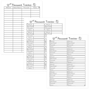 May include: Three white Password Tracker sheets with a key and lock graphic. Each sheet has a table with columns for Website, Name/Email, Password, and Notes. The text is in black.