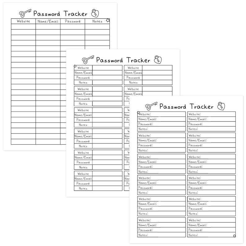 May include: Three white Password Tracker sheets with a key and lock graphic. Each sheet has a table with columns for Website, Name/Email, Password, and Notes. The text is in black.