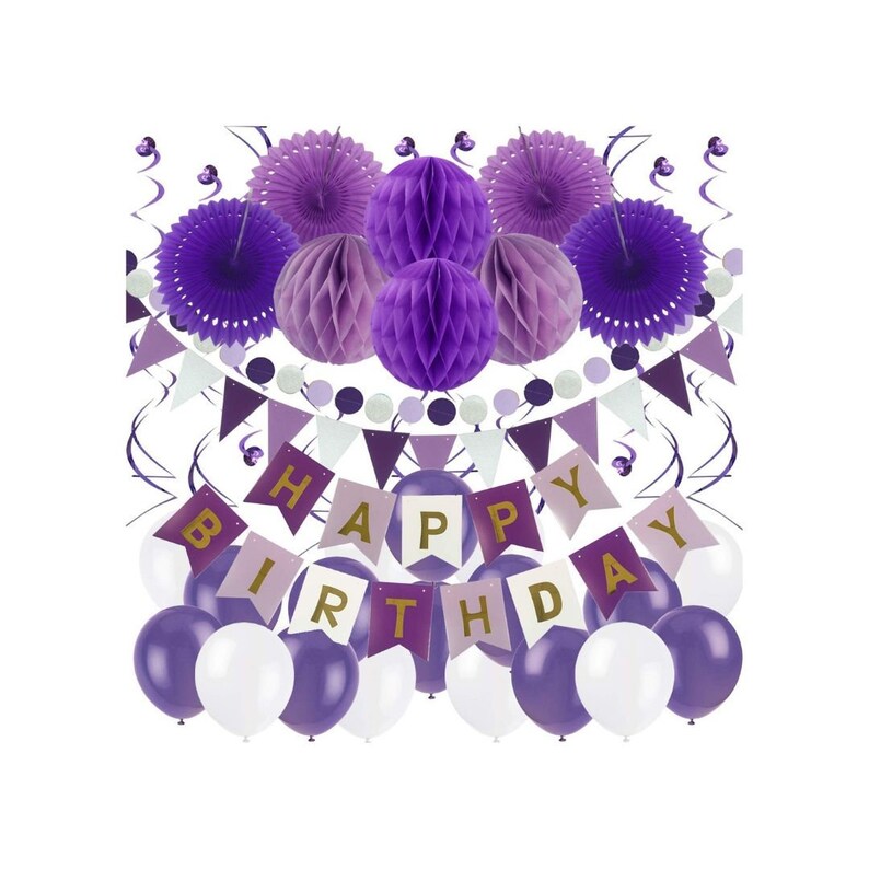 Purple Happy Birthday Decorations Kit Purple White Birthday Etsy
