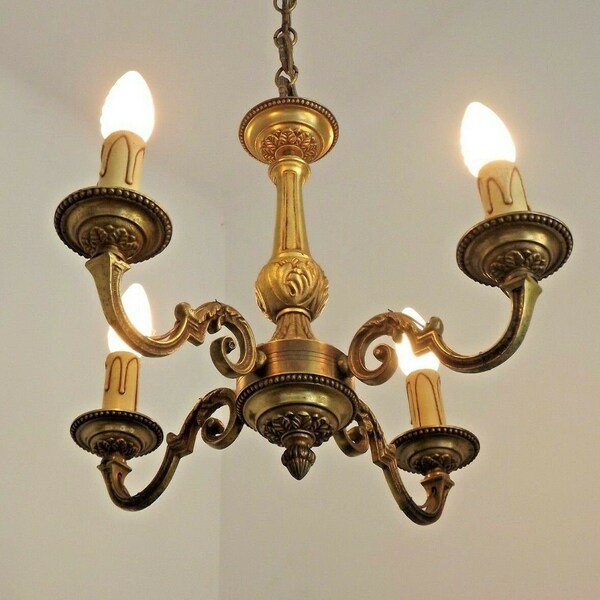 Heavy Quality Brass Vintage French 4 Light Art Nouveau Style Chandelier  - Vintage French Lighting. Period Lighting. 4 Light Chandelier .
