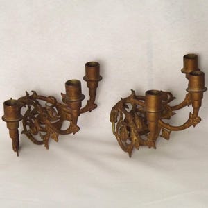 Stunning Pair Large Antique 3 Arm Gilt Bronze Piano Sconce Candle Holders - French Antique Lighting. Wall Sconces. Bronze Candle Sconces.