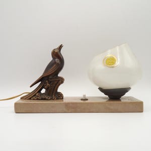 French Art Deco TEDD Bird Lamp – Signed, Marble Base & White Patterned Shade - French Vintage Lighting. Art Deco Table Lamp. Bedside Lamp.