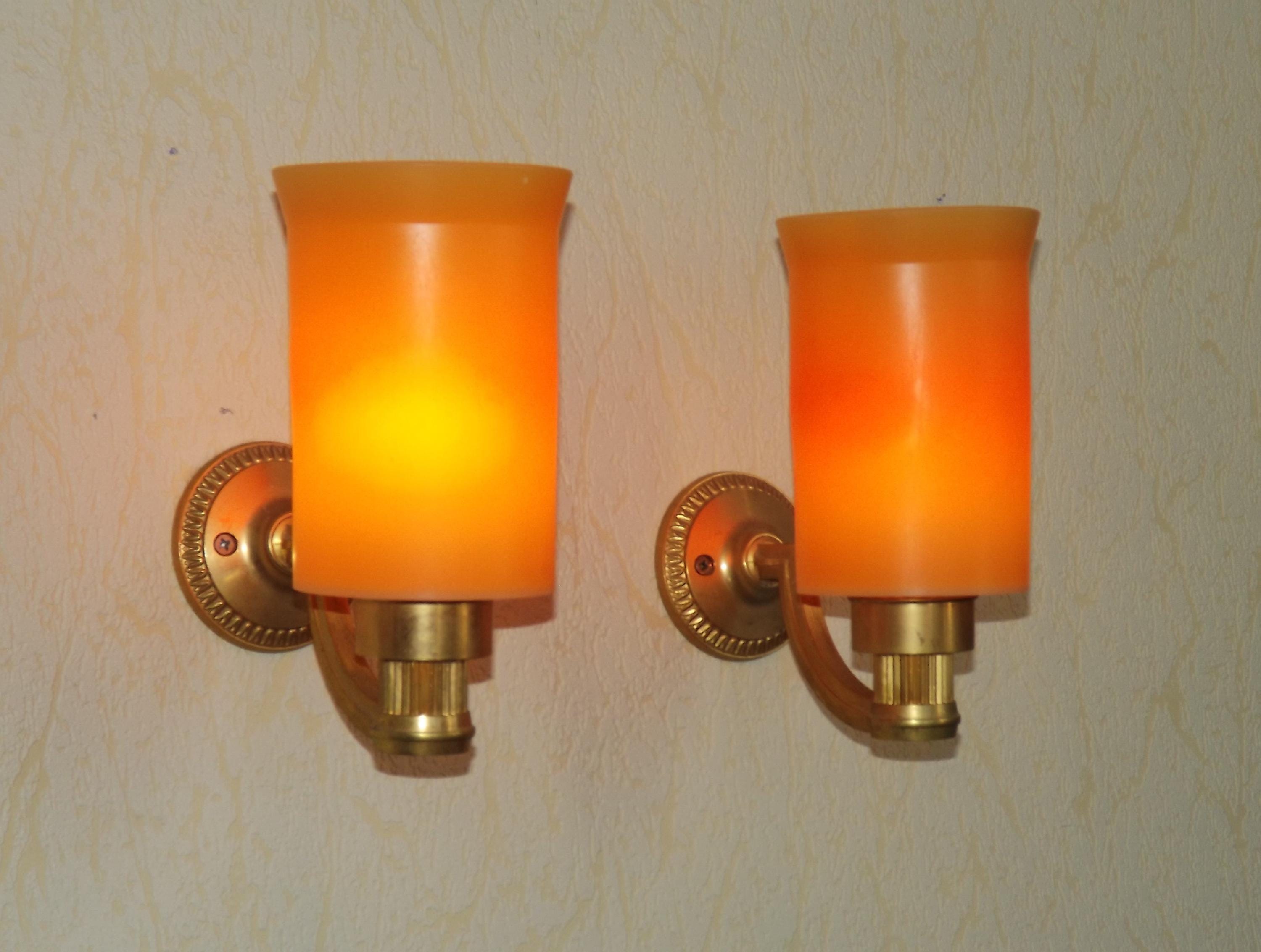 Pair French Vintage 1960s Retro Single Wall Lights Brass & Orange Acrylic - French Vintage Lighting. Retro Wall Sconces. Gold and Orange.