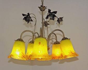Vintage French 5-Light Toleware Chandelier With Intertwining Leaf Detail and Yellow-Orange Art Glass Shades.