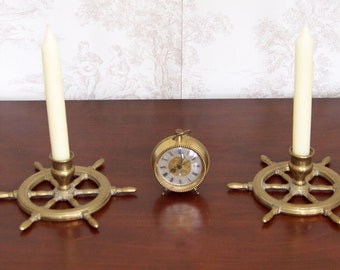 Matching Pair French Vintage Brass Nautical Ships Wheel Candle Holders -French Vintage. Brass Candle Sticks. Vintage Brass Candlesticks.