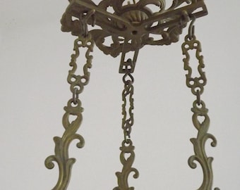 French Antique Bronze Ceiling Canopy with 3 Ornate Hanging Chains - French Antique. Antique Chandelier Parts. Ceiling Rose. Hanging Chains.