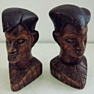 Pair Of Heavy Hand Carved Wood African Folk Art  Male Head Book Ends - African Carvings.Decorative Hand Carved Heads. Male Heads.