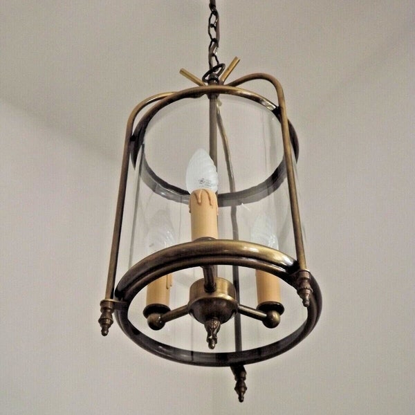 Vintage French Bronze Effect 3 Light Hall Lantern With Cylindrical Shade - French Vintage Lighting. Hanging Hall Lantern. Round Glass Shade