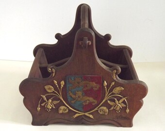 French Vintage Hand Carved Bottle Holder With Carry Handle for 4 Bottles
