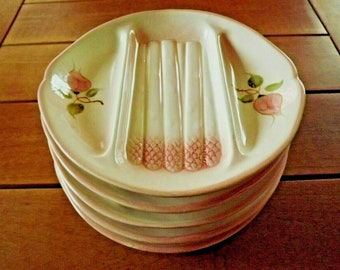 Salins France Primrose Pink Hand Painted Majolica Set of 6 Asparagus Plates - Vintage French. Asparagus Serving Plates. Pale Pink Primrose.