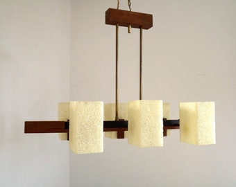 Vintage Retro 1960s Scandinavian 6 Light Teak Brass & Perspex Chandelier - Vintage Scandinavian Lighting. 6 Light Rectangle Chandelier.