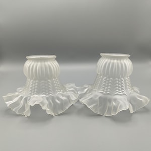 Matching Pair French 1930s White Opaque Patterned Glass Replacement Shades.French Vintage Lighting. Set of Two Chandelier Shades.Lamp Shades