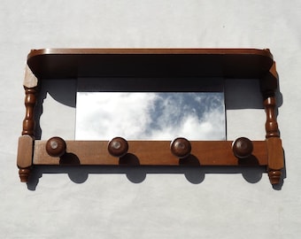 Vintage French Mid-Century Wall-Mounted Coat Rack with Mirror and Shelf | Hardwood, 4 Hooks, Country Hallway Decor. Cloak Room Decor.