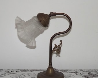 Vintage French Brass Table Lamp With Opaque Patterned Glass Shade - French Vintage Lighting. Table Lamp. Bedside Lamp. Brass Lamp; Desk Lamp
