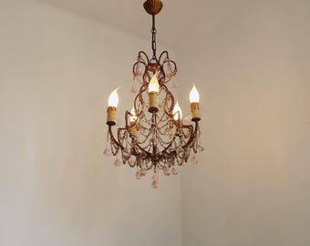 Vintage Italian 5 Arm Gilded Metal Cage Chandelier Seed Bead Swags & Pink Murano Glass Drops