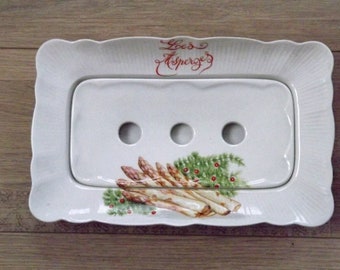 2-teilige Vintage französische Pullivuyt handbemalte weißer Spargel-Servierplatte 4580