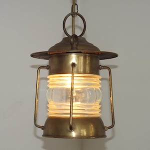 Old French Brass and Glass Hanging Nautical Style Lantern Light Single Bulb - French Vintage Lighting. Nautical Hanging Light.Single Light.