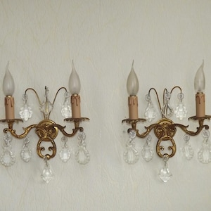Pair of French Vintage Bronze Double Wall Lights with Assorted Crystals - French Vintage Lighting. Pair Crystal And Bronze Wall Sconces.