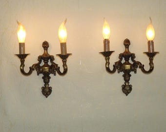 Pair of French Vintage Baroque Style Bronze Effect Metal Double Wall Lights - French Vintage Lighting. Baroque Style Double Wall Sconces.