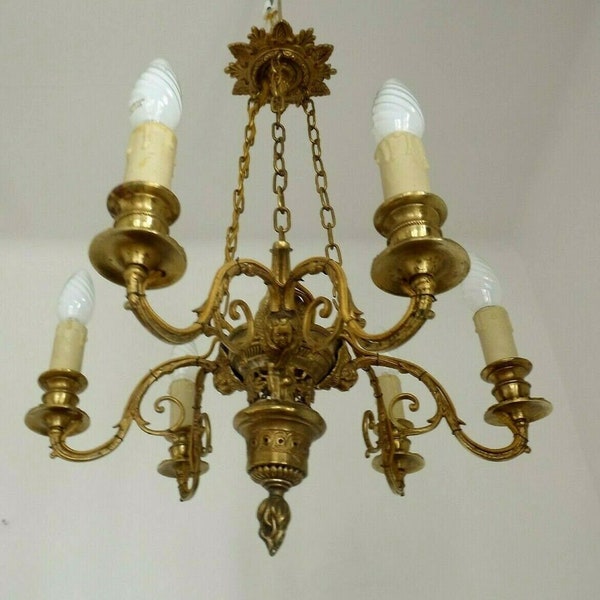 Beautiful Victorian Brass 6 Light Cherub Chandelier With Floral Decoration - French Antique Lighting. Cherub Chandelier. Victorian Lighting.