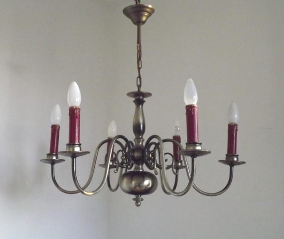 French Vintage Two Tone Silver Metal 6  Light Flemish Chandelier With Red Candle Drips.