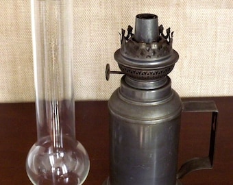 Original French Antique Oil Lantern With Pewter Base and Clear Glass Funnel - French Antique. Antique Pewter Oil Lantern. Hanging Lantern.