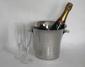 Stylish Vintage French Silver Inox 18.10 Champagne Wine Cooler Ice Bucket - French Vintage Bar Ware. Champagne Bucket. Wine Cooler Bucket.