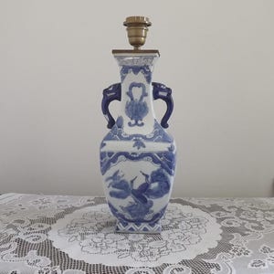 Vintage Chinese Blue & White Crane Vase Lamp, Foo Lion Handles, Square Porcelain, Floral Bird Motif, Asian Decor