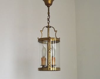 Vintage French Round Brass Art Nouveau Style 2 Light Hanging Hall Lantern - French Vintage Lighting. Hanging Hall Lantern. 2 Light Lantern.