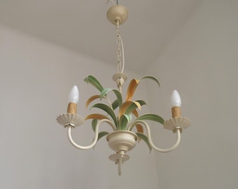 Lustre vintage crème 3 lumières en faïence verte et feuilles de pêcher