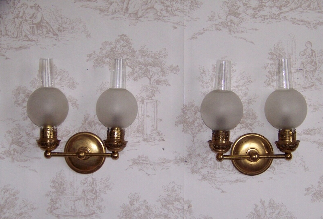 Pair Vintage French Brass Lantern Style Double Wall Lights Funnel