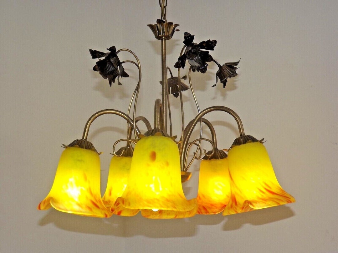 Vintage French 5 Light Metal Toleware Chandelier Leaf Details & Art