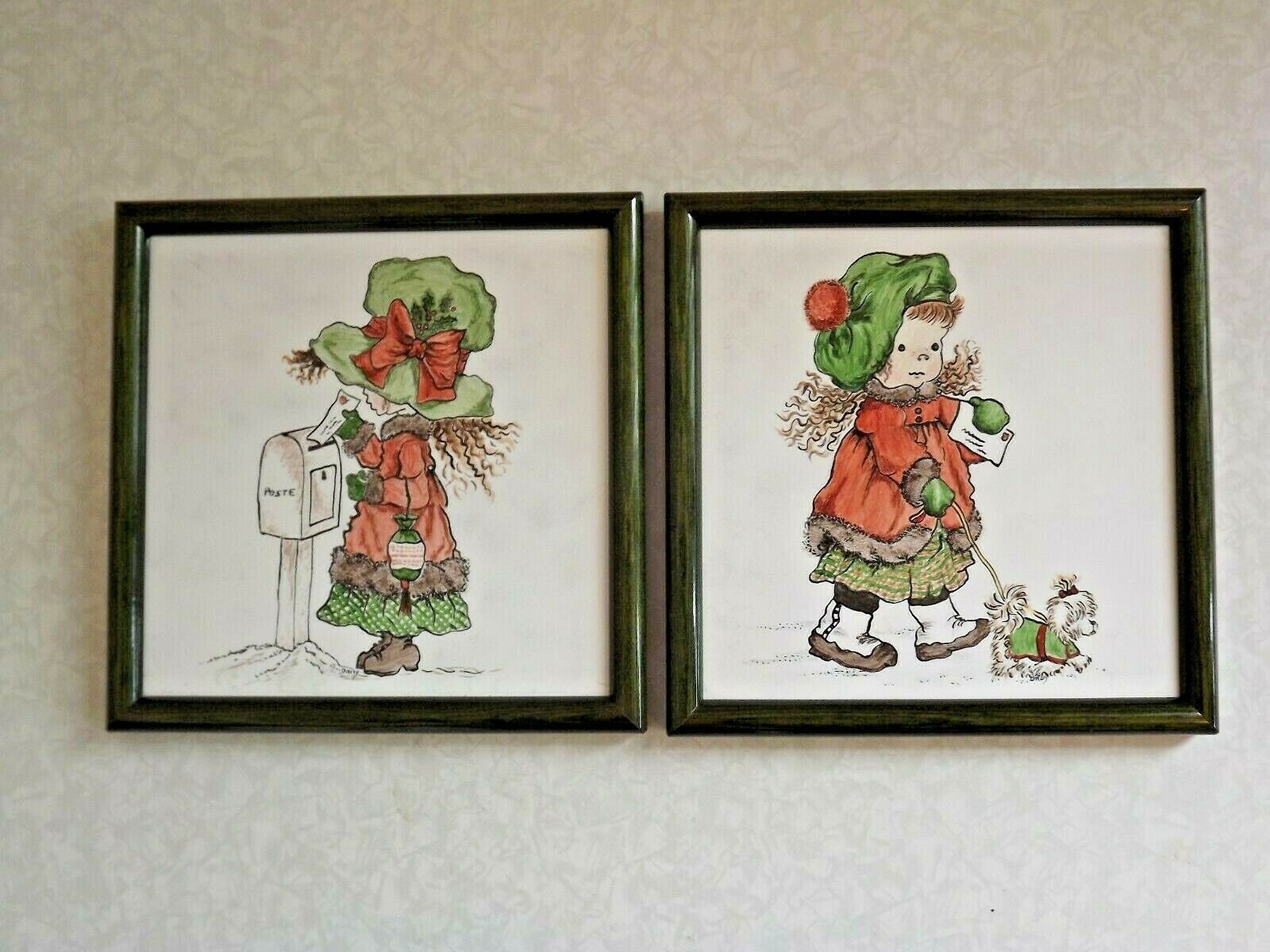 Ensemble de 2 Délicieux Encadrés Peints Carreaux Céramique Photos Sarah Kay Design - Français Vintag