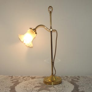 French Antique Brass Goose Neck Table Lamp White Pattern Opaque Glass Shade - French Vintage Lighting. Table Lamp. Bedside Lamp. Desk Lamp.