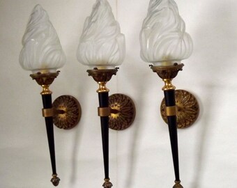 Set Of 3 French Maison Jansen Wall Lights Solid Bronze Glass Flame Shades - French Vintage Lighting. Flame Wall Lights. Flame Wall Sconces.