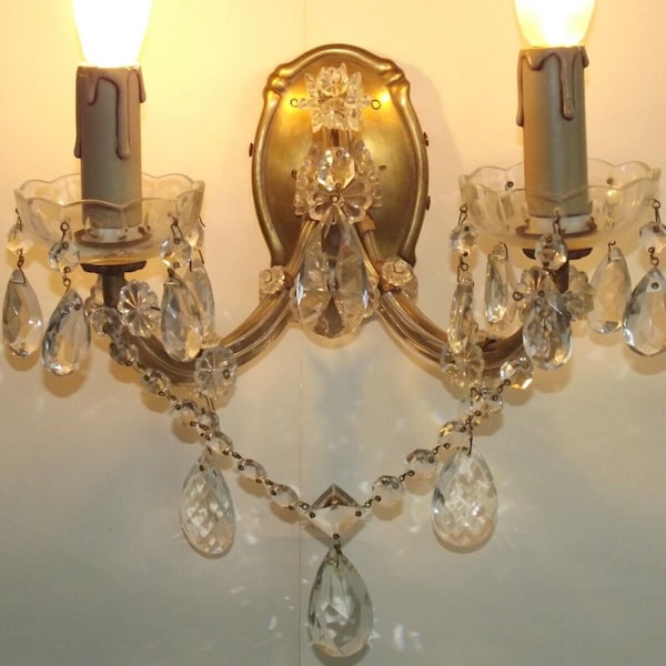 French Vintage Traditional Style Double Brass Glass & Crystal Wall Light - French Vintage Lighting. Double Wall Light. Crystal Droplets.