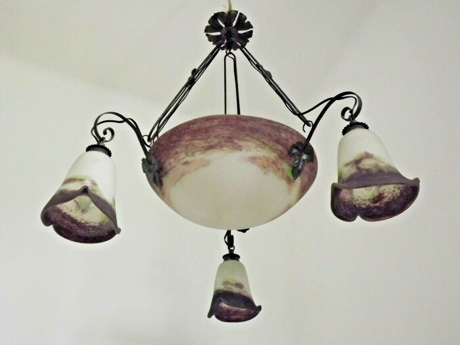 Français Signé Degue 4 Light Hanging Purple & Green Art Glass Chandelier - Français Antique Lighting