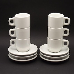Set of 6 French Vintage White Porcelain Espresso Cups and Saucers - French Tableware. Cup and Saucer Set. Coffee Cup and Saucer.