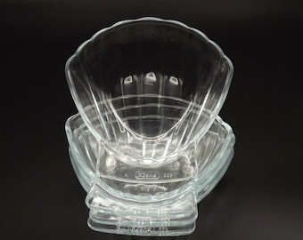 Magnífico juego de 4 fuentes de vidrio azul Pyrex Coquille Saint Jacques con forma de concha - Estilo vintage francés. Fuentes Pyrex. Fuentes con forma de concha. Aptas para horno y vajilla.