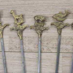 Set of 5 Unusual Decorative Brass And Inox Kebab Skewers/ Barbecue Skewers - Animal Design Barbecure Skewers. Meat Skewers. Cooking Utensils