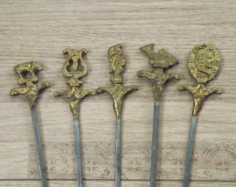 Set of 5 Unusual Assorted Decorative Brass And Inox Kebab Skewers/ Barbecue Skewers - Vintage Barbecue Skewers/Kebab Skewers. Brass Handles.